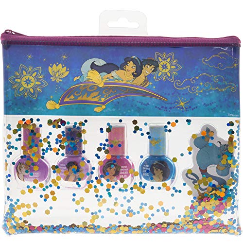 Townley Girl Disney Aladdin não-tóxico Pedis de esmalte com arquivo de unhas e bolsa de glitter para meninas, cores