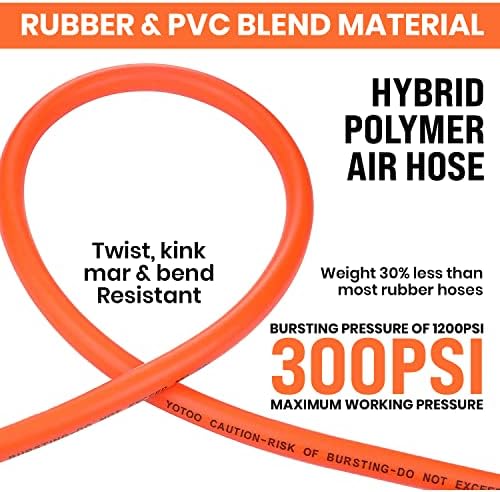 Mangueira de ar híbrida Yotoo 3/8 de polegada por 50 pés 300 psi de serviço pesado, leve, resistente a torções e flexibilidade para qualquer clima com acessórios de acoplador rápido industrial de 1/4 de polegada, restritores de dobra, laranja