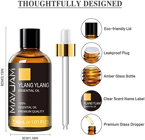 Mayjam Ylang Ylang Oil essencial com gotas de vidro, MayJam 1.01fl.oz ylang ylang Óleos essenciais para difusores, umidificador, ioga, sabonete