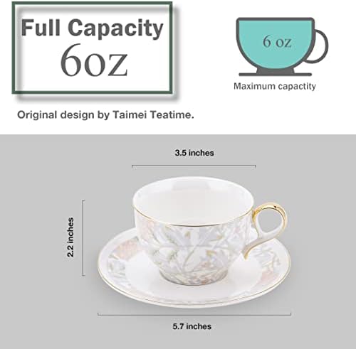 Taimei Teatime Porcelain Copo e pires de porcelana 6 oz, conjunto de 2, xícara de café em estilo britânico com pires com acabamento dourado, caneca de café para café com leite, cappuccino e chá, presente para o dia das mães