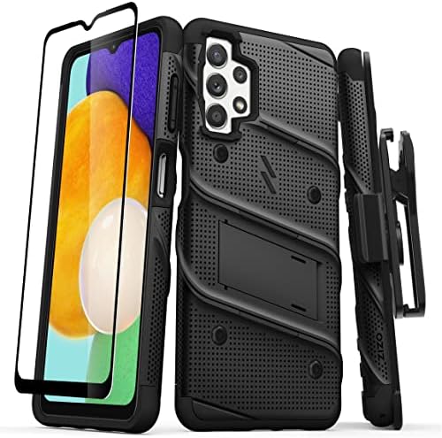 Pacote de parafuso Zizo para Galaxy A13 5G Case com protetor de tela Kickstand Holster cordão - preto