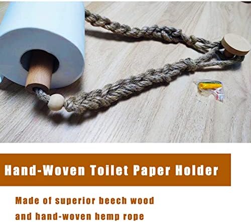 Porta de papel higiênico de vime, corda boho de madeira pendurada em madeira de lã de lã de papel montada na parede, rústica e natural acessórios de banheiro exclusivos com parafuso autoadesivo sem costura