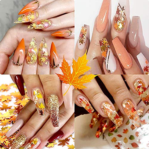 12 cores O outono deixa as lantejoulas de brilho da unha com uma pinça, 3D Flake Metallic Maple Leaf Gold Red Amarelo Manicure