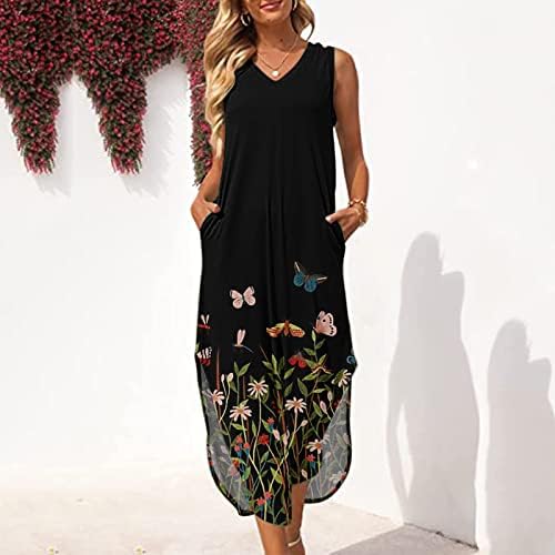 Fragarn Long Sundresses for Women, feminino de decote em V feminino com tanques sem mangas posicionamento de coloração sólida