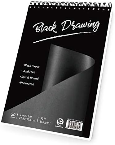 Bachmore Black Drawing Pad, 9x12 polegadas, 50 folhas de papel de grafite em espiral, perfurado e pesado para grafite, acrílico, lápis colorido, carvão, tintas opacas, guache e pastéis