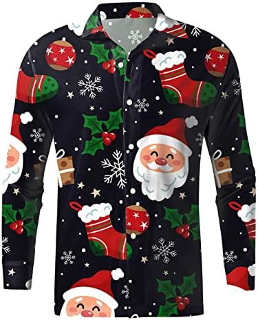 XXBR Christmas masculina de manga comprida camisas para baixo, engraçado Natal Santa Claus Print Designer Shirt Cirtas