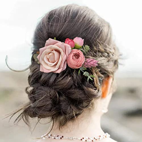 Fangsen Wedding Bridal Comnte Pink Rose Rose Bud Floral Combate com peças de cabelo de casamento para mulheres e meninas prata