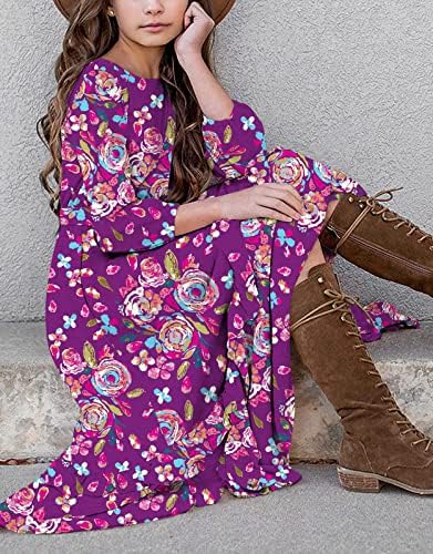 Vestido Floral Maxi, meninas Kymidy, crianças 3/4 de manga boho, vestidos de balanço de bolso casual com cinto para meninas