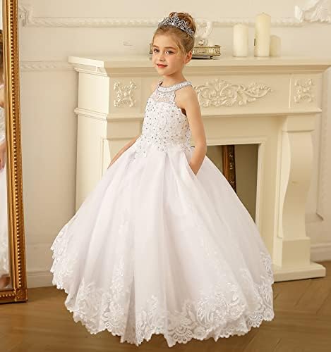 Sittyley Flower Girl Dress Aplique de renda com Diamond White Communion Dress Dress Party para meninas de 1 a 12 anos