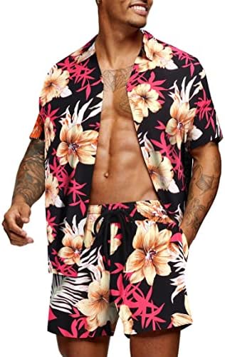 Coofandy Hawaiian Machating Summer Beach Roupa de 2 peças camisas de flores e shorts