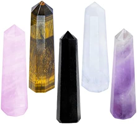 Varinha de cura de cristal de ametista - varinha de olho dos tigres - cristais e pedras de cura - cristais de obsidiana negra e conjunto de torres de cristal - varinha de quartzo rosa - clear