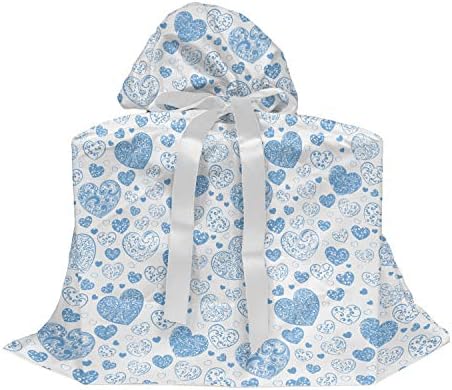 Bolsa de presente de tecido de amor lunarable, padrão de corações grandes e pequenos com cachos ilustração clássica do design de prazer, saco presente para festas aniversários com 3 fitas, 27, Blue White