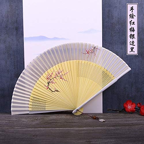 Ventilador dobrável de lyzgf, ventilador de mão dobrável Retro Plum Blossom Fã de seda de seda portátil com molduras de bambu