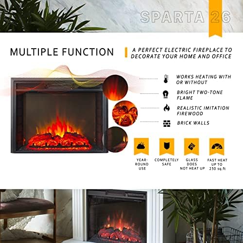 Fireblaze Electric larplate Sparta 26 polegadas - LED de vidro frontal plana Inserção de lareira com controle remoto - aquecimento ajustável, som, brilho, temporizador - instalação de 2 vias - aquece 400 pés quadrados