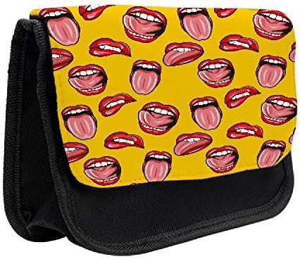 Caixa de lápis amarelo lunarável, língua de lábios de estilo pop art, bolsa de lápis de caneta com zíper duplo, 8,5 x 5,5, coral