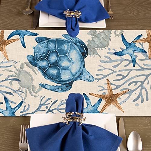 Seliem Summer Summer Octopus Turtle Starfish Coral Costal Table Runner, Under the Sea Home Kitchen Dining Teal Marine Life