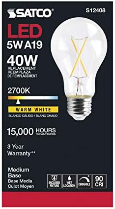 Satco (lâmpadas de filamentos LED de 6 pacote, S12408, lúmens altos, 5 watts, A19; Clear; Base Média; 2700k; 90 CRI; 120 volts para