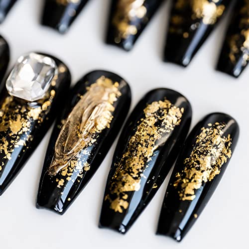 Sun & Beam Nails Handmade Long Coffin Ballerina Black Gold False Unhg Dips With Chart Dragon 3D Popular Charm Design Press