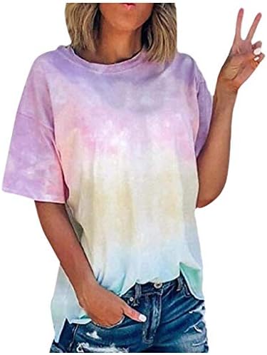 Tops de verão femininos tie-dye manga curta de pista de gola alta camisetas casuais tops de tamanho grande para mulheres