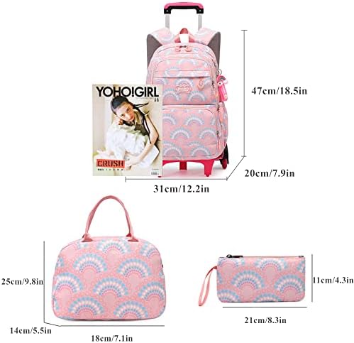 3PCS Girls Rolling Backpack Kids Bookbag com rodas Conjunto de alunos do ensino fundamental para o ar livre