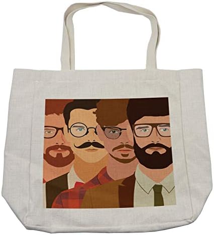 Bolsa de compras de Ambesonne Young, ilustração de desenhos animados de personagens hipster masculino com bigode e óculos, bolsa reutilizável