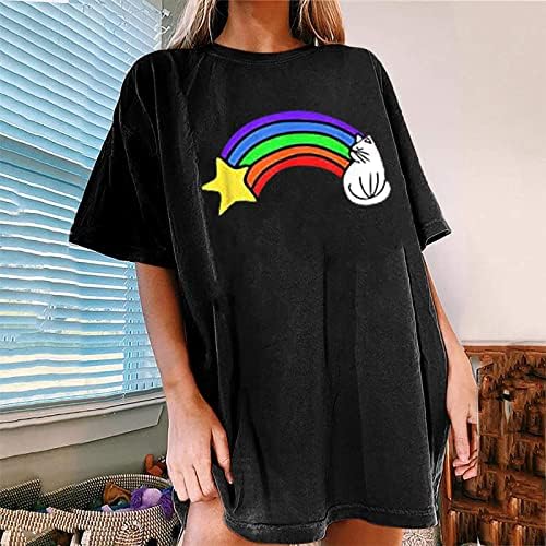 Mangas de queda Rainbow Mulheres impressas de camisetas de tamanho grande em volta do pescoço solto de verão casual camisa