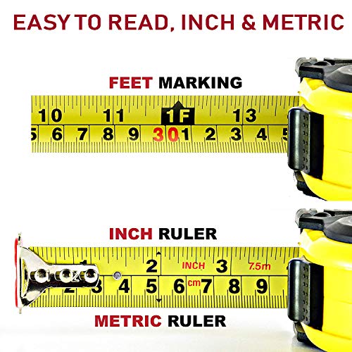 Medida de fita de medição de Zabiki, 25 pés decimais de régua lateral retrátil Decimal com métrica e polegadas, fácil