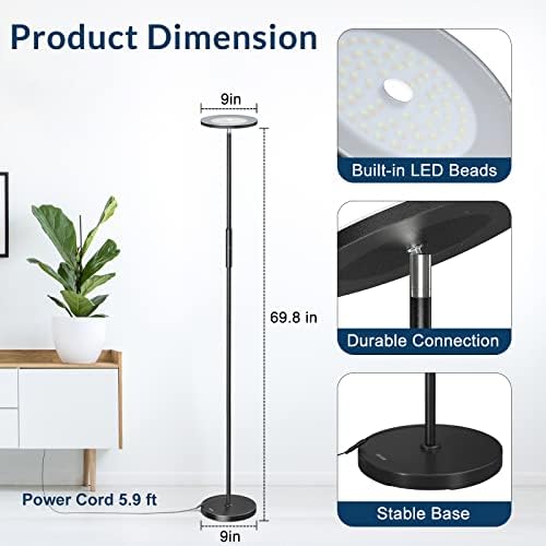 Lâmpada de piso LED ajustável Shinestar, brilho de 30w/2500lm, escurecimento de escada escolar, temperaturas de 3 cores, Wi -Fi Bluetooth