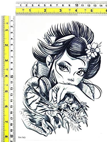 Parita Big Tattoos Girl Geisha Warrior Japanese Dragão Cartoon Adesivo de Água Tattoo Fake 3D Party de Função de Corpo de Arte Temporária