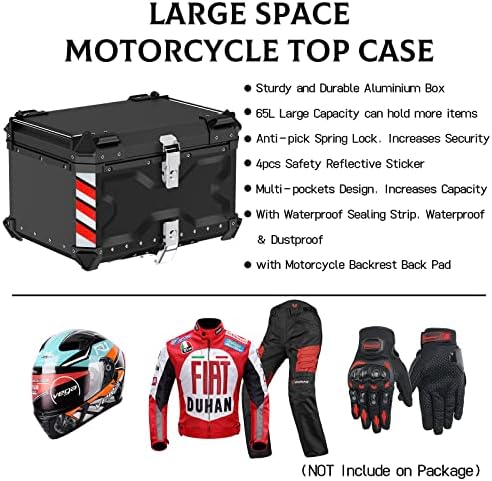 Breakix 65L Motorcycle Top Case, [Qualidade Premium] Caixa de truque de moto de alumínio pesado com trava de segurança