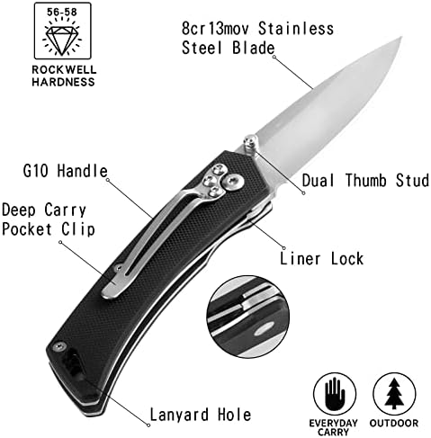 HARITA Pocket Knife e EDC Mini Sharpner com apito de emergência e bússola para o ar livre, caminhadas, caça e camping, cinza