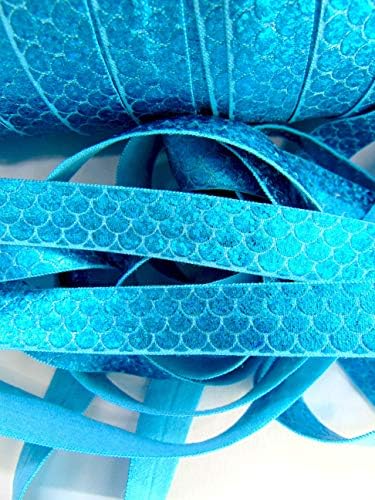 Escalas de sereia azul impressão dobra sobre elástico, inimigo de 5/8 polegadas, elastics impressos macios, suprimentos de costura plana, gravata de cabelo DIY, fabricação metálica