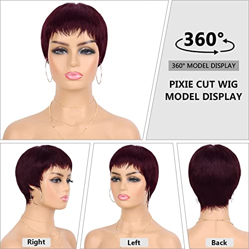 Guree Hairleless desgaste e vá peruca 99j Borgonha Pixie Cut Human Wigs para mulheres Nenhum