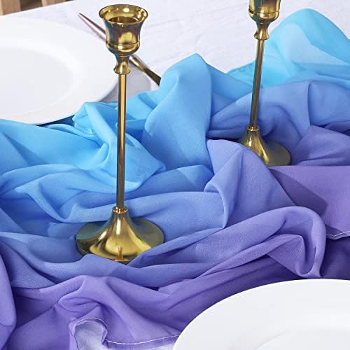 SHINOWA CHIFFON TABEL RUNNER 10 pés, pura mesa de casamento romântica de mesa de casamento 27x120 polegadas com fita, decoração de mesa boho da festa do chuveiro, recuperação de tabuleiro de banquete ao ar livre, gradiente roxo azul
