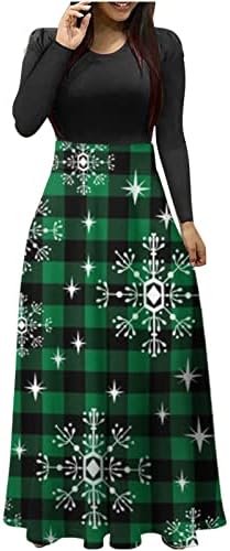 Mulheres xadrez maxi vestido de natal flácio de neve impressão impressa na cintura vestido longo vestidos casuais de manga