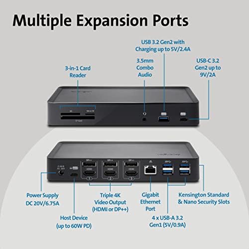 Kensington SD4900P Triple 4K Display Docking Station para Windows, MacBooks e Surface - 60W PD; USB-C, Thunderbolt 3/4