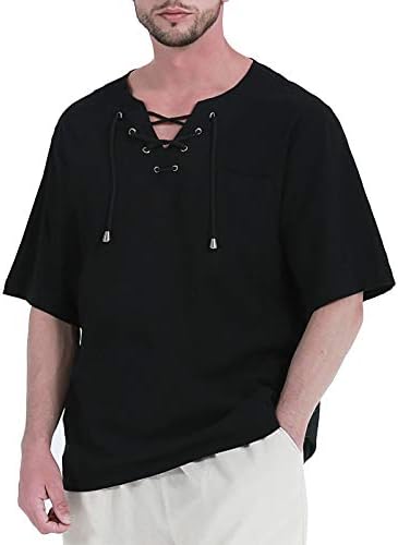 Fashonal Men's Cotton Linen Hippie Shirts Lace casual Up Tunic V-deco