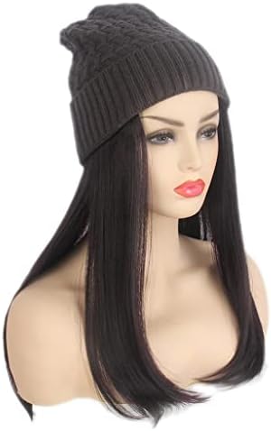 Klkkk moda europeia e americana hat de cabelo chapéu de malha preto Chapéu de peruca preta longa e reta