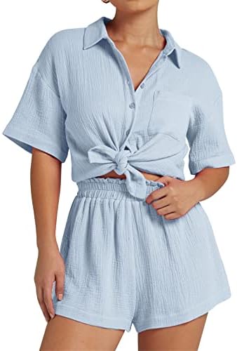 Roupas de 2 peças femininas ternos de pista combinando conjuntos de loungewear para botão de férias para baixo camisa e shorts