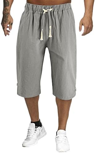 Linho calça -calça homens grandes shorts altos de malha masculina moda casual simples cor de cor sólida e calças de linho marrom