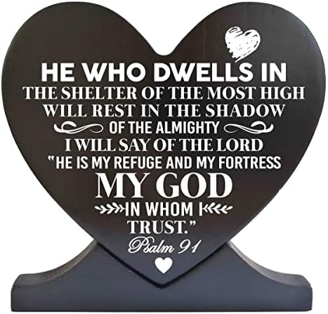 Salmo 91 Citações inspiradas Plate de madeira impressa preta, Salmo 91 Verso Bíblia Gift Wood Heart, Rustic Heart Wood