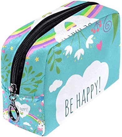 Saco de maquiagem pequeno, organizador cosmético da bolsa com zíper para mulheres e meninas, arco -íris de flores de desenho animado