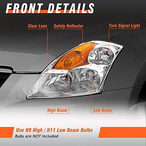 Montagem do farol Compatível com 2007 2008 2009 Nissan Altima se encaixa apenas no motorista de sedãs de 4 portas e na caixa de cromo do lado do passageiro lente clara por Axl