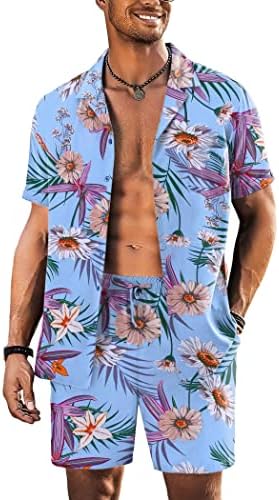 Coofandy Men 2 Peça Linen Set Beach Guayabera Roupet Button Down Cirling and Short