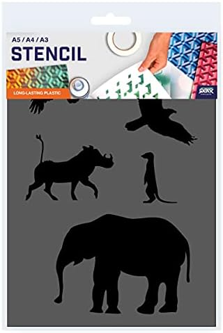 Estêncil de animais africanos QBix - zebra, rinoceronte, leopardo, meerkat, pássaro - tamanho A5 - estêncil reutilizável
