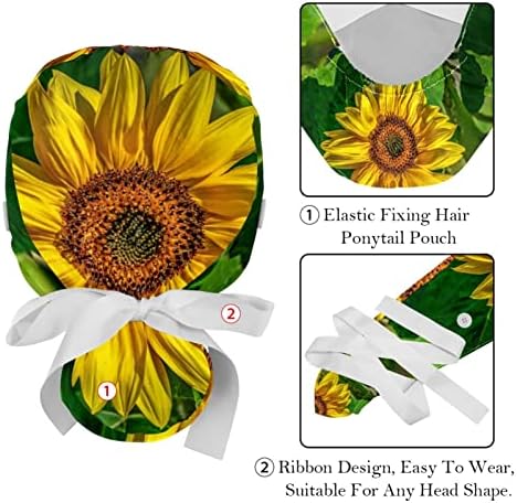 2 peças Sunflower Blossom Bloom Summer amarelo Banta de trabalho com botões, chapéu bufante ajustável com suporte de