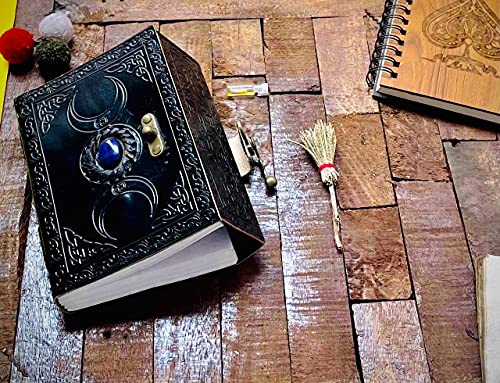 Jornal Celtic Leather Grimoire With Stone Black Black Lua Tripla Blank Spell Witch Leather Livro de Sombras WicCan Pagan