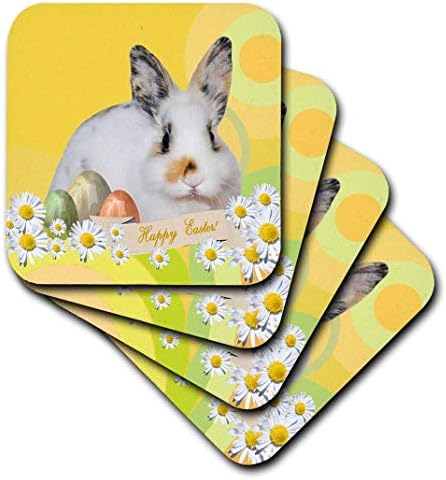 3drose cst_174064_1 coelho calico coelho com flores de margarida e três ovos de Páscoa, montanhas-russas felizes na cabeceira da Páscoa, conjunto de 4