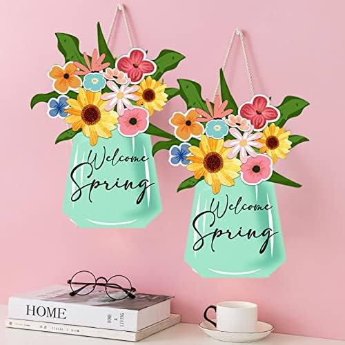 Sinal de boas -vindas para a porta da frente, pingente de decoração de vaso de madeira, decoração de mesa, flores de primavera