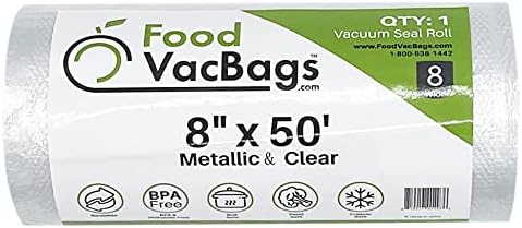 Foodvacbags 8 x 50 'Metallic & Clear Relessed Vacuum Seal Roll Saco, Grade Comercial, Faça tamanho próprio, armazenamento de alimentos, exibição